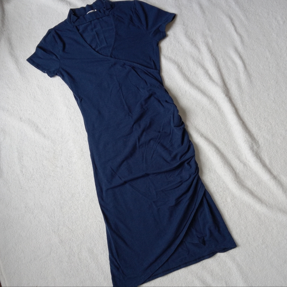 5 for $10 Heart & Hips Navy Faux Wrap Mock Neck Rouched Side Bodycon Dress small - Picture 2 of 7